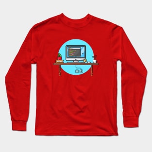 Coding Programmer Workspace with Cactus, Coffee and Book Cartoon Vector Icon Illustration Long Sleeve T-Shirt